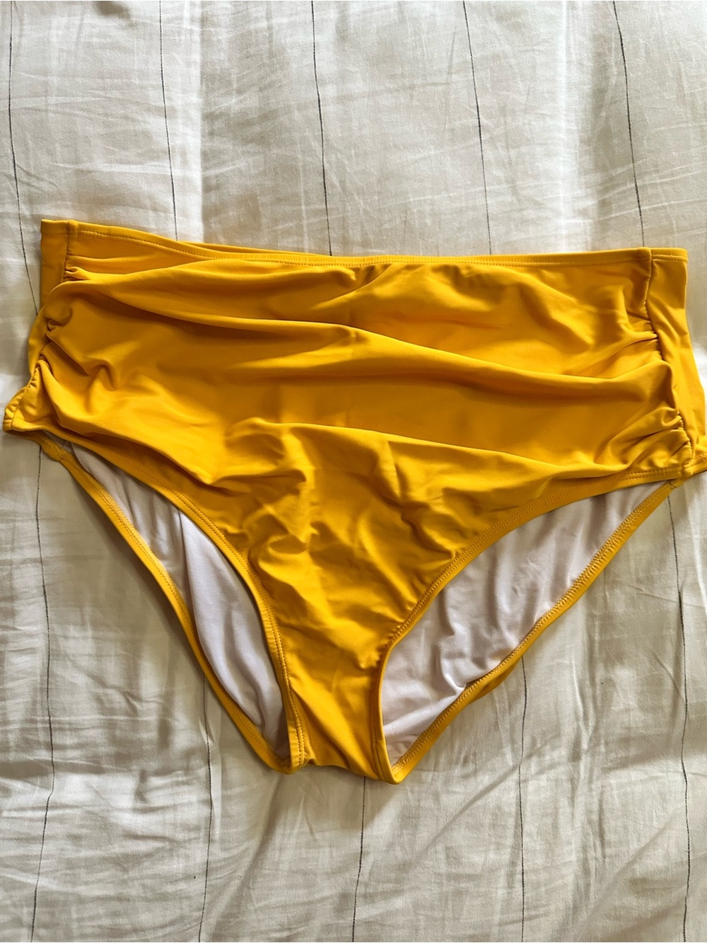 High-Waist Yellow Swim Bottoms — Flattering Ruched Design